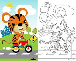 ilustración de dibujos animados vectoriales con dibujos animados de tigre pequeño montando moto en el fondo del paisaje vector