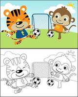 Vector cartoon illustration with funny tiger and monkey playing soccer, coloring book or page