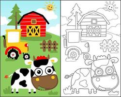 Vector illustration of farm elements cartoon with funny cow, coloring book or page