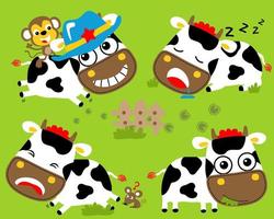 conjunto vectorial de dibujos animados divertidos de vaca con mono y rata en diferentes actividades, dibujos animados de elementos de granja vector