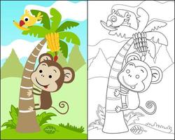 vector illustration with monkey cartoon climb a banana tree, bird perching on banana leaf, coloring book or page.