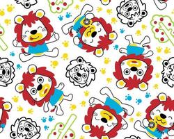 Seamless pattern vector with cute lion cartoon, trail and trees