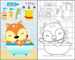 Coloring book with little fox cartoon in the bathtub, bathroom elements cartoon vector