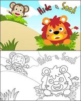 Coloring book with funny lion and monkey cartoon playing hide and seek vector