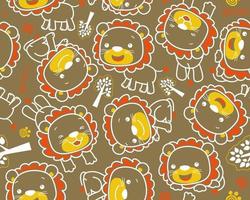 seamless pattern vector of funny lion cartoon in outline concept, trees and animals trail