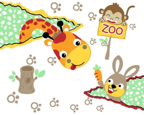 Vector illustration of funny animals cartoon. Giraffe, monkey and rabbit