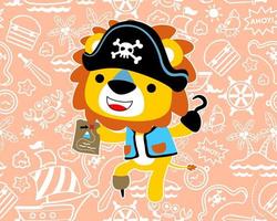 Vector cartoon of lion in pirate costume holding treasure map on seamless pattern sailing elements background