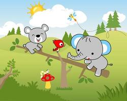 Vector illustration with cute animals cartoon on landscape background. Bear and elephant playing swing