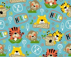 Vector of seamless pattern with adorable animals cartoon playing hide and seek. Tiger, monkey, bear and jungle elements