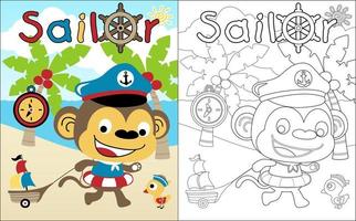 Coloring book vector of monkey cartoon playing as a sailor in the beach with little duck