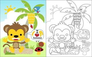 Coloring book vector of little monkey cartoon with little friends in banana tree on blue sky background