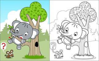 Coloring book vector of elephant climb trees because afraid of rat