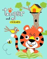 Vector of tiger cartoon with bird and bee on tree house background