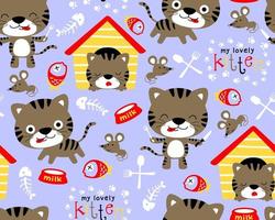 Seamless pattern vector of funny kittens and rat cartoon with elements