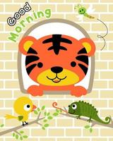 vector de caricatura de tigre en la ventana con pájaro, libélula y camaleón en ramas de árboles