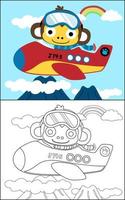 Coloring book vector with funny monkey on airplane