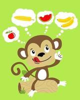 Funny monkey cartoon sitting on tree trunk thinking about fruits vector