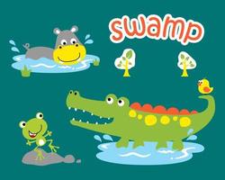 Vector illustration with crocodile and hippo in water, frog on stone, little bird on crocodile's tail