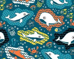 Seamless pattern vector with marine animals cartoon with colorful ornaments