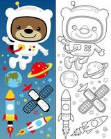 Vector illustration of funny bear wearing astronaut costume with space elements cartoon. Coloring book or page.