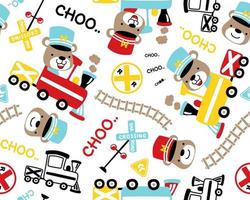 Seamless pattern vector of steam train elements cartoon with funny bear the machinist