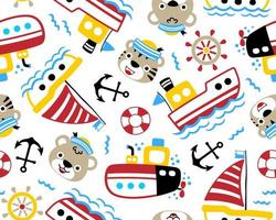 Seamless pattern vector of sailing elements cartoon with funny animals sailor