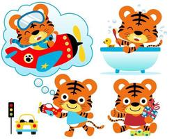 Vector illustration set of little tiger cartoon in different activity