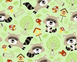 Vector of seamless pattern with raccoon cartoon and birds, trees and leaves