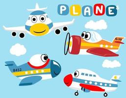 conjunto vectorial de divertidos dibujos animados de aviones con nubes vector