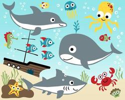 Vector set of marine animals cartoon with sinking ship under sea