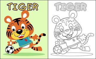 Coloring book vector with cute tiger playing soccer