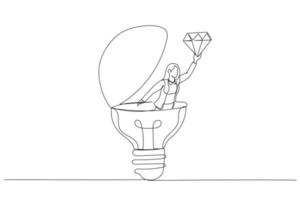 Cartoon of businesswoman discover valuable priceless diamond from bright lightbulb idea. Business value. Continuous line art style vector