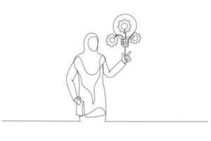 ilustración de una mujer de negocios musulmana árabe que se lanza con el concepto de bombilla de cohete de idea. estilo de arte de una sola línea vector