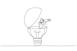 Drawing of businesswoman open lightbulb idea using binoculars to see business vision. Creativity to help. Single continuous line art vector