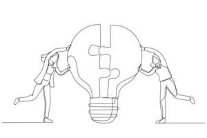 Illustration of businesswoman team members partner connect lightbulb jigsaw puzzle together. Teamwork or partnership. One line art style vector