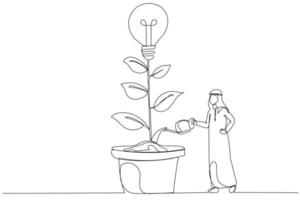 Drawing of arab businessman watering growing tree with lightbulb. People working together. Continuous line art vector