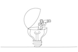 Cartoon of businessman open lightbulb idea using binoculars to see business vision. Creativity to help. One line style art vector