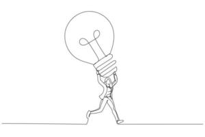 Drawing of excited businesswoman carrying big lightbulb idea running to invent new product. Big idea. Single line art style vector