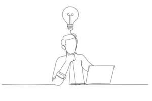 Illustration of businessman thinking about project at workplace thoughtful. Single continuous line art style vector