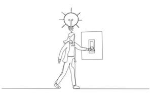 Cartoon of businesswoman switching on the switch to turn on lightbulb lamp over his head concept of inspiration. Continuous line art style vector