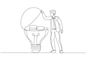 Drawing of businessman chasing and catch flying lightbulb ideas with net concept of business ideas. Single continuous line art style vector