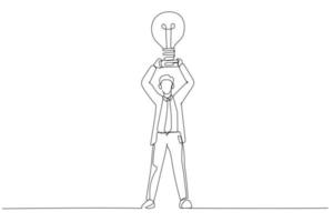 Drawing of businessman hands take a trophy cup that looks like a lightbulb on pedestal. Single continuous line art style vector