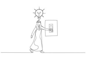 Drawing of arab muslim businessman switching on the switch to turn on lightbulb lamp over his head concept of inspiration. One continuous line art style vector