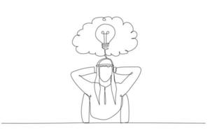 Cartoon of arab businessman sitting in office chair in front of a wall with cloud thought. Single line art style vector