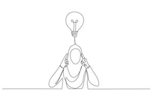 Cartoon of stressed muslim businesswoman contemplate think hard for ideas touch forehead with fingers. One line art style vector