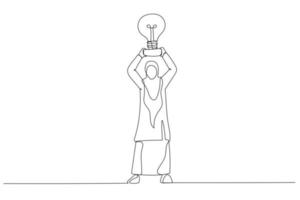 Drawing of muslim businesswoman hands take a trophy cup that looks like a lightbulb on pedestal. Single continuous line art vector