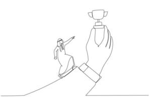 Drawing of arab businessman run with full effort to reach trophy cup in giant hand. Single line art style vector