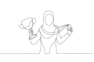 Illustration of muslim businesswoman standing holding golden medal and first prize trophy. One line art style vector