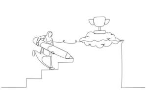 Cartoon of muslim businesswoman use pencil to create his own stair to success metaphor of way to success. Single continuous line art style vector