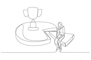 Drawing of businesswoman working effective and efficient and being productive get trophy. One continuous line art style vector